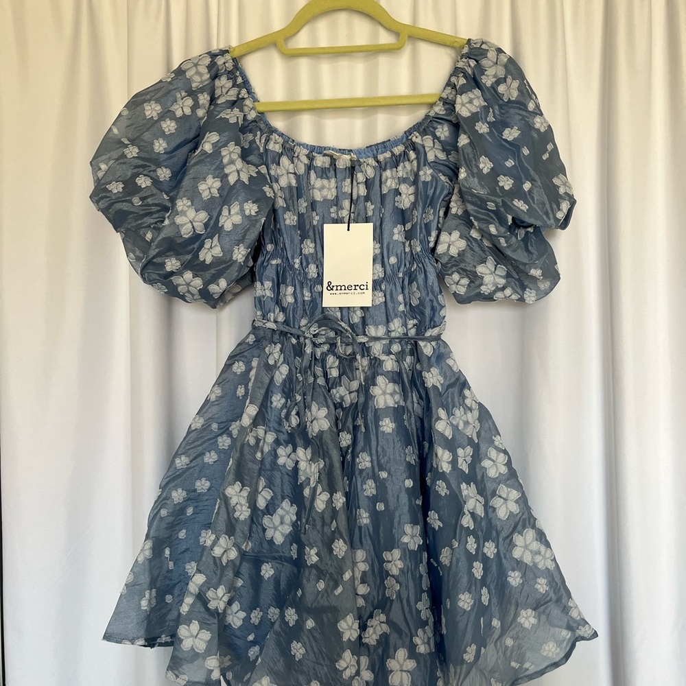 NWT Embroidered Blue Floral Puff Sleeve Mini Dress Elastic Waist with Tie